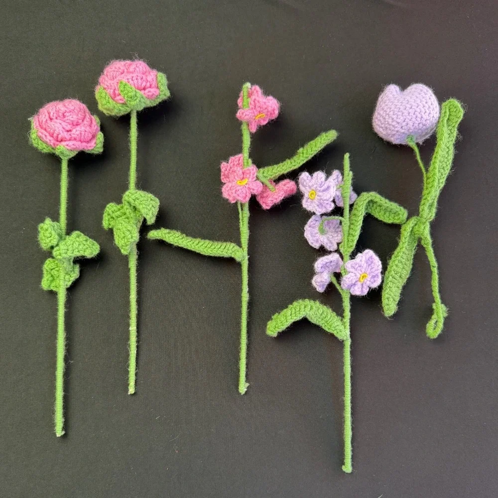 Handmade Crochet Flower Bouquet 5pc Pink Purple Roses Tulip Cottagecore Decor